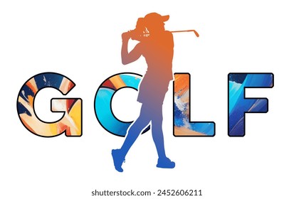 Isolated text GOLF on Withe Background - Color Icon Gradient Silhouette Figure of a Female or Woman Player Hitting Tee Shot - Powered by Shutterstock