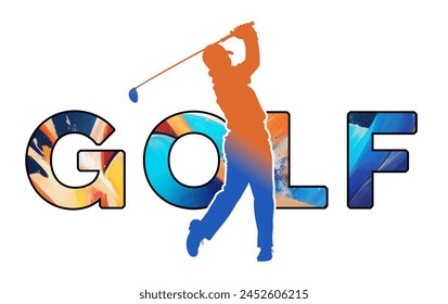 Isolated text GOLF on Withe Background - Color Icon Gradient Silhouette Figure of a Male Player Hitting Tee Shot - Powered by Shutterstock