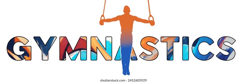 Isolated text GYMNASTICS on Withe Background - Color Icon Gradient Silhouette Figure of a Male Performing a Maltese Cross