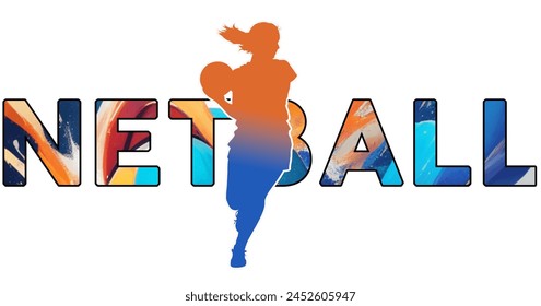 Isolated text NETBALL on Withe Background - Color Icon Gradient Silhouette Figure of a Female or Woman Player Running Looking for Pass - Powered by Shutterstock