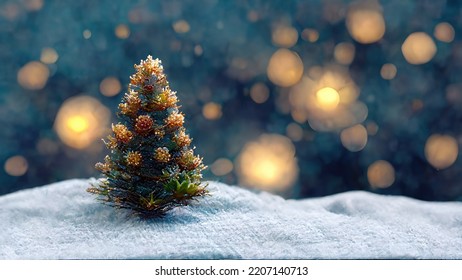 isolated Tiny xmas tree in snow and blurry sparkle evening forest background. Xmas trees in winter glittering magic woods, blue seasonal landscape background 3D illustration