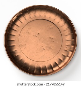 Isolated Top View Of Copper Plate Or Vintage Golden Dish, Old Crockery On White Background, Realistic Shot Of 3D Illustration.