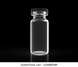 Isolated Transparent Empty Glass Vial On Black Background With Reflections. 3D Illustration.