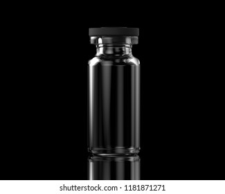 Isolated Transparent Empty Glass Vial With Rubber Cap On Black Background With Reflections. 3D Illustration