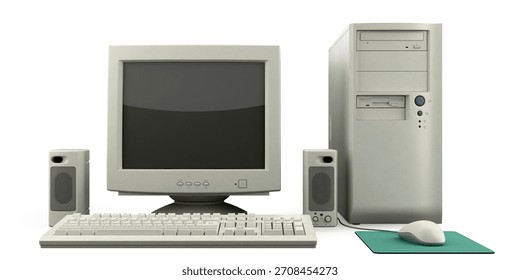 Isolated vintage desktop computer setup with CRT monitor, tower, keyboard, mouse and speakers, front view - turned off, perfect for retro tech illustration