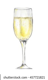 Isolated Watercolor Champagne Glass On White Background. Celebration Or Holiday Drinking.