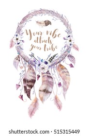 Isolated Watercolor Decoration Bohemian Dreamcatcher. Boho Feathers. Native Dream Chic Design. Mystery Etnic Tribal Print. Tribal American Culture.