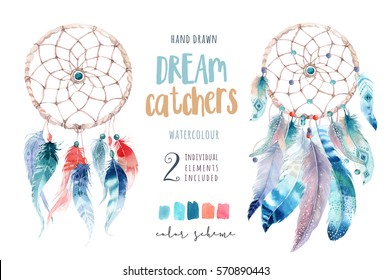 Isolated Watercolor Decoration Bohemian Dreamcatcher. Boho Feathers Decoration. Native Dream Chic Design. Mystery Etnic Tribal Print. American Culture Design