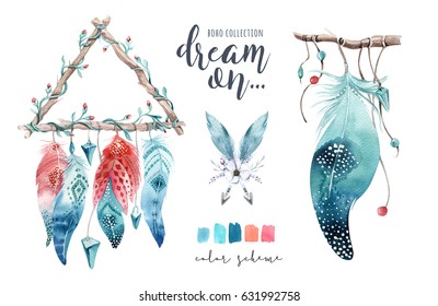 Isolated Watercolor Decoration Bohemian Dreamcatcher. Boho Feathers. Native Dream Chic Design. Mystery Etnic Tribal Print. Tribal American Culture.