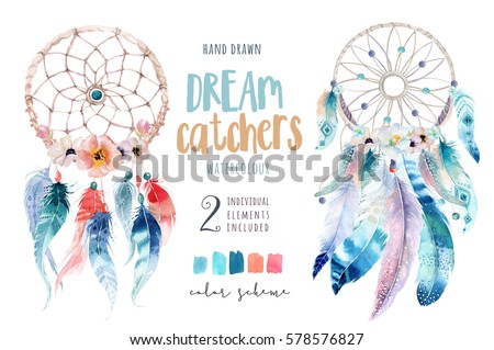 Isolated Watercolor decoration bohemian dreamcatcher. Boho feathers decoration. Native dream chic design. Mystery etnic tribal print. American culture design