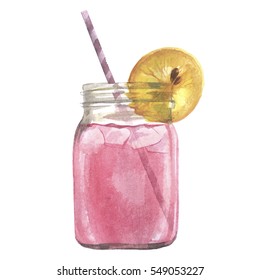 Isolated Watercolor Illustrated Pink Lemonade With Lemon Slice And Straw