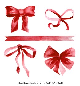 Isolated Watercolor Illustrated Red Ribbon With Bows Set