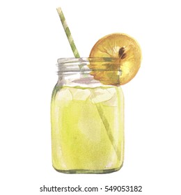 Isolated Watercolor Illustrated Yellow Lemonade With Lemon Slice And Straw