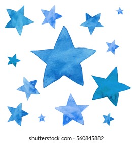 Isolated watercolor illustration of blue stars set