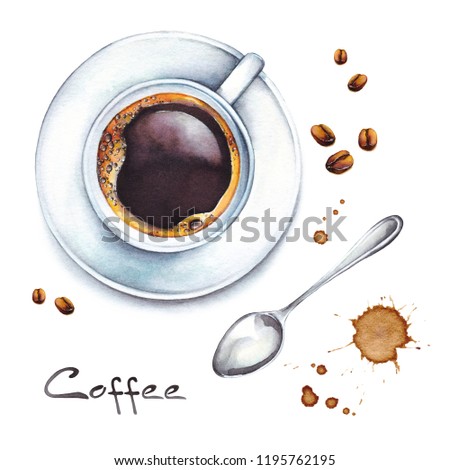 Isolated watercolor illustration coffee in a white porcelain cup with coffee beans and teaspoon from above view