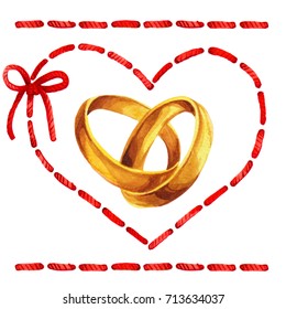 Isolated Watercolor Illustration Of Golden Wedding Band Rings In A Red Sewed Heart On White Background Set