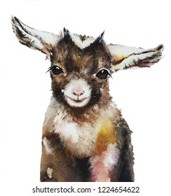 Isolated Watercolour Painting Of Baby Goat On White Background