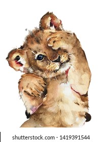 Isolated Watercolour Painting Of Baby Lion On White Background