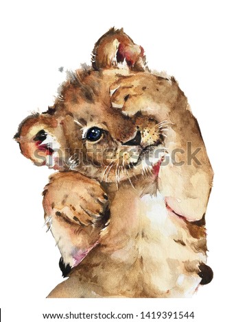 Isolated watercolour painting of baby lion on white background