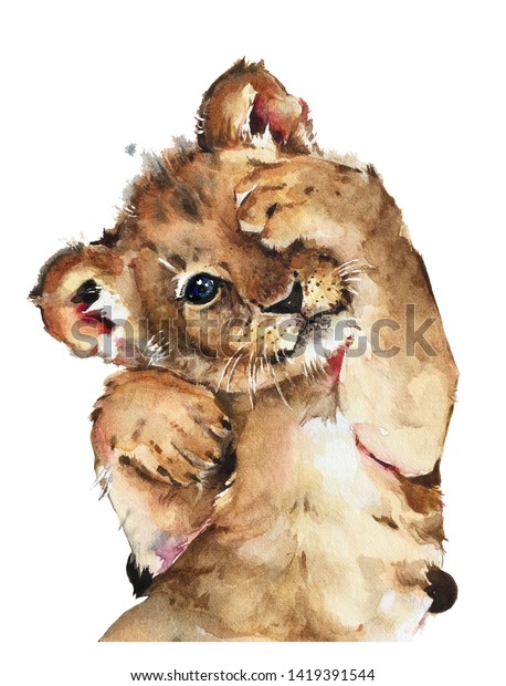 Isolated watercolor painting of baby lion on white background.