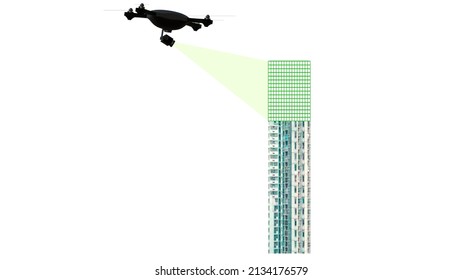 Isolated white background 3D illustration of a drone carrying out a survey from above by inspecting a building using its own photogrammetry camera as a payload