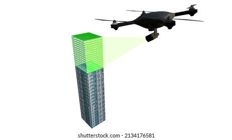 Isolated white background 3D illustration of a drone carrying out a survey from above by inspecting a building using its own photogrammetry camera as a payload