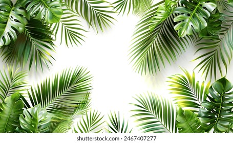 Isolated white backgrounds 3D illustrations palm leafy green freshness. Tropical botanicals, lush foliage, vibrant greenery, nature-inspired designs, realistic renderings.