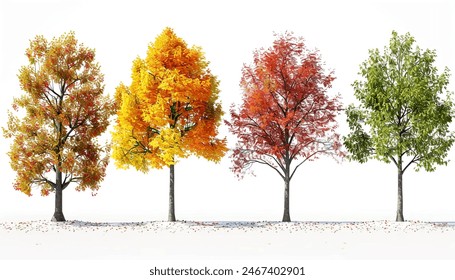 Isolated white backgrounds 3D rendering seasonal colors trees. Autumnal foliage, vibrant hues, forest scenery, nature landscapes.