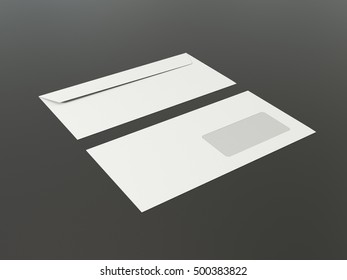 Isolated White Postal Envelope For Letters With Window And Clean Blank Copy Space For Text, Advertising Or Design. Blank Corporate Identity Package Business Card With Gray Background. 3d Illustration