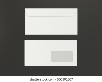 Isolated White Postal Envelope For Letters With Window And Clean Blank Copy Space For Text, Advertising Or Design. Blank Corporate Identity Package Business Card With Gray Background. 3d Illustration