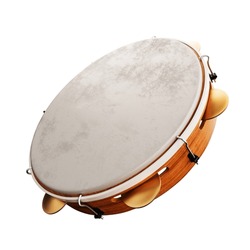 Tambourin En Bois Isolé. Instrument Ethnique Traditionnel Utilisé Dans La Samba Et La Capoeira. Tambour à Main Brésilien. Percussion Latine. Rendu 3d