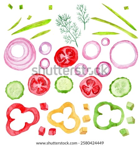 Isolates of sliced vegetables for spring salad, for sandwiches, pizza, salads.