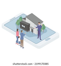 Isomeric Illustration Of A Couple Viewing A Property Online And A Real Estate Businessman Making A Sales Pitch.