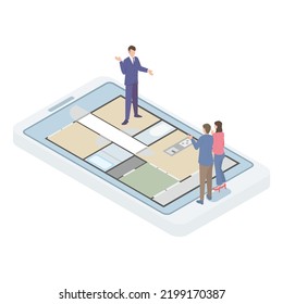 Isomeric Illustration Of A Couple Viewing A Property Online And A Real Estate Businessman Making A Sales Pitch.