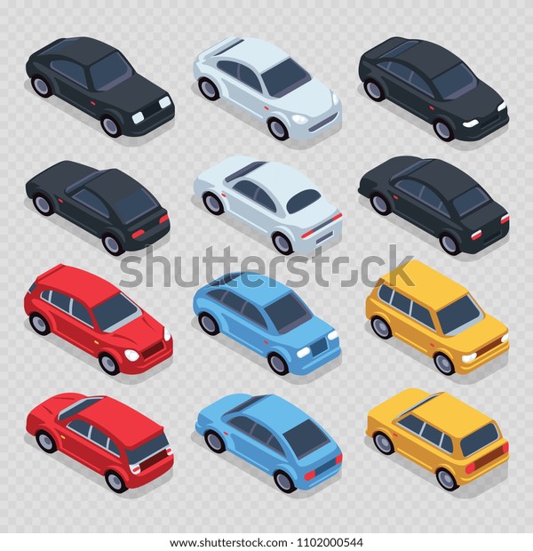Isometric 3d cars set\
isolated on transparent background. Set transport isometric\
automobile,\
illustration