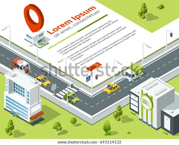 Isometric 3d city. Conceptual\
poster with highway and point on map location. illustration.\
Template banner with isometric city, buildings, roads and cars\
isometric\
design