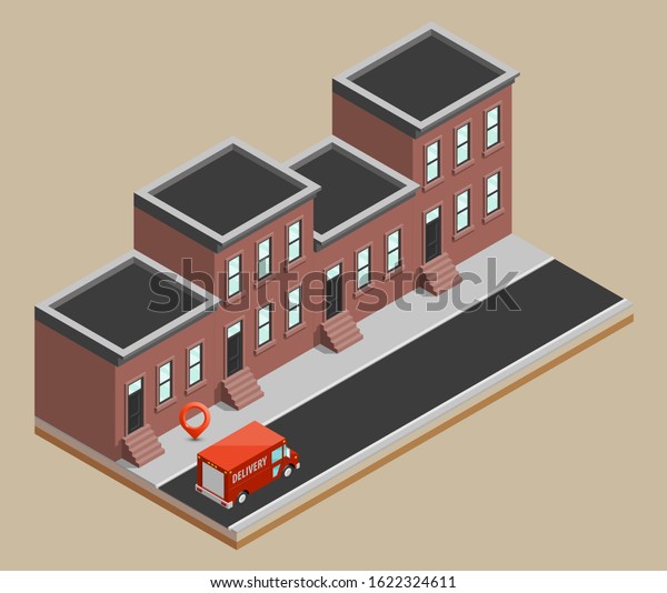 Isometric 3d city delivery van. Cargo truck\
transportation route, Fast delivery logistic 3d carrier transport,\
flat isometry city freight car infographic. Low poly style isometry\
vehicle truck\
town