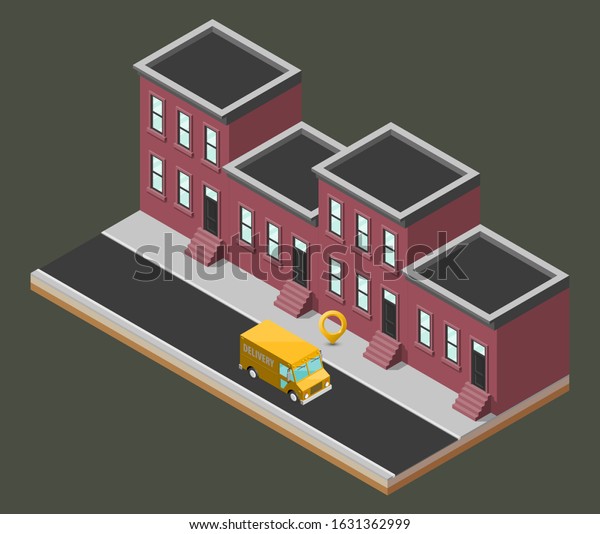 Isometric 3d city delivery van. Cargo truck
transportation route, Fast delivery logistic 3d carrier transport,
flat isometry city freight car infographic. Low poly style isometry
vehicle truck
town