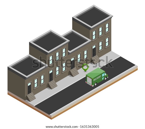 Isometric 3d city delivery van. Cargo truck\
transportation route, Fast delivery logistic 3d carrier transport,\
flat isometry city freight car infographic. Low poly style isometry\
vehicle truck\
town