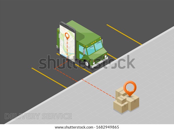 Isometric 3d delivery van
and phone. Cargo truck transportation, box on route, Fast delivery
logistic