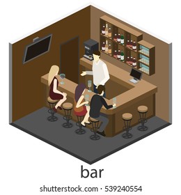 Isometric 3D flat interior of bar or pub. The chairs stand around the bar. alcoholic drinks on the shelves