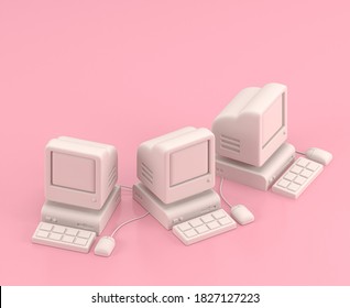 Isometric 3d Icon, three old computers with keyboard and mouse. in flat color pink room,single color white, toylike household, cute miniature objects, 3d rendering