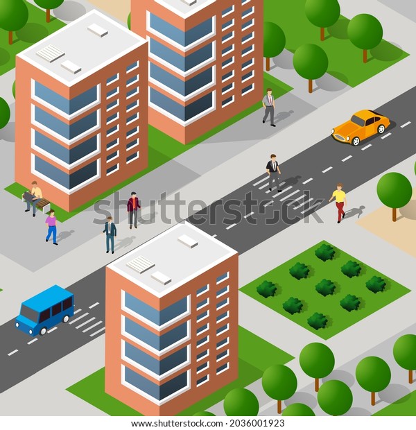 Isometric 3D illustration of the city quarter
with houses, streets, people, cars. Stock illustration for the
design and gaming
industry.