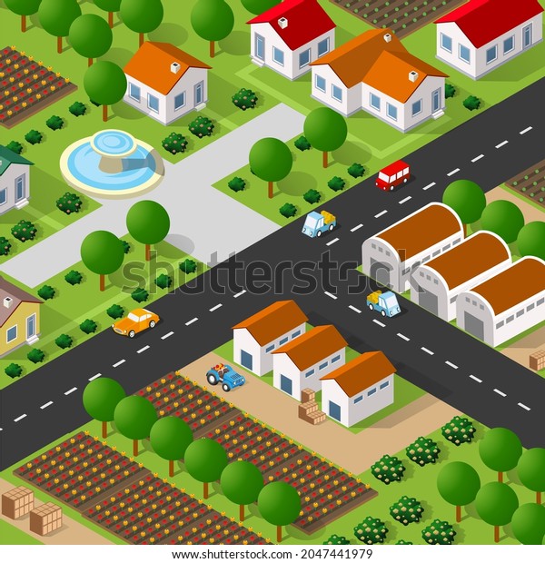 Isometric 3D illustration of the city quarter\
with houses, streets, cars. Stock illustration for the design and\
gaming\
industry.