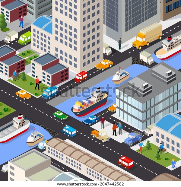 Isometric 3D illustration of the city quarter\
with houses, streets, people, cars. Stock illustration for the\
design and gaming\
industry.