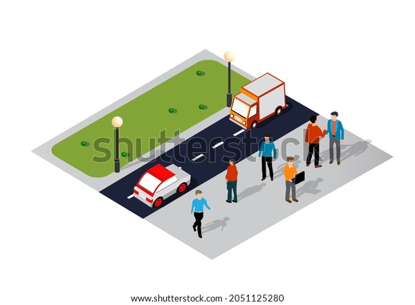 Isometric 3D illustration of the city quarter\
with streets, people, cars. Stock illustration for the design and\
gaming\
industry.