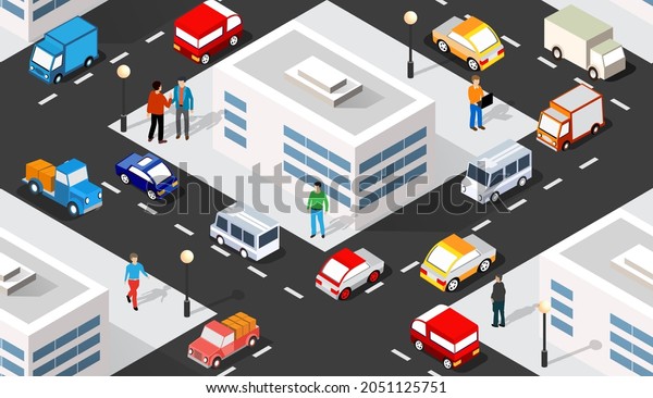 Isometric 3D illustration of the city quarter\
with houses, streets, people, cars. Stock illustration for the\
design and gaming\
industry.