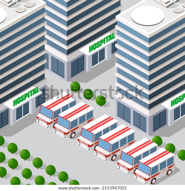 Isometric 3D illustration of the city quarter\
with the hospital, streets, cars. Stock illustration for the design\
and gaming\
industry.