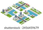 Isometric 3D illustration of a city waterfront with a river, yachts and buildings and houses