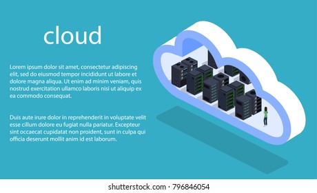 Isometric 3D illustration cloud servers for data processing